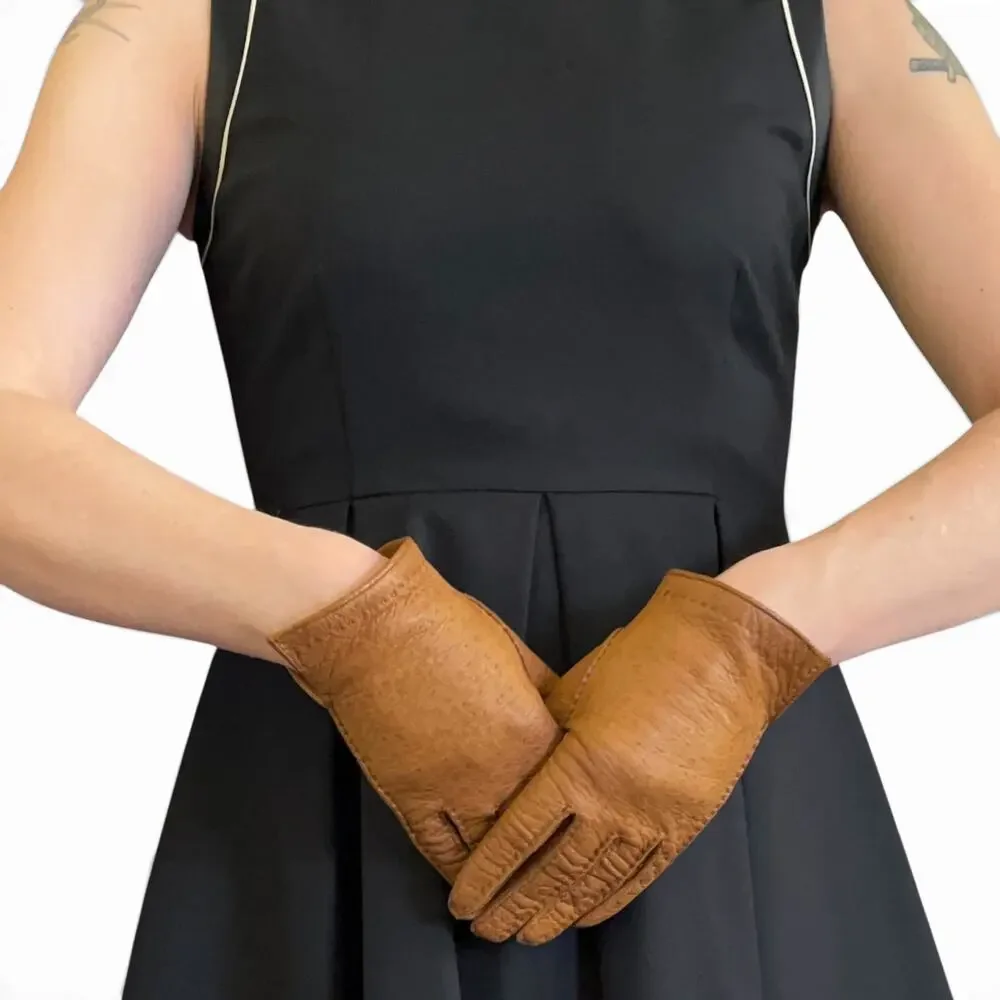Vintage Hand-Stitched British Tan Peccary Leather Women's Gloves Size 6.5